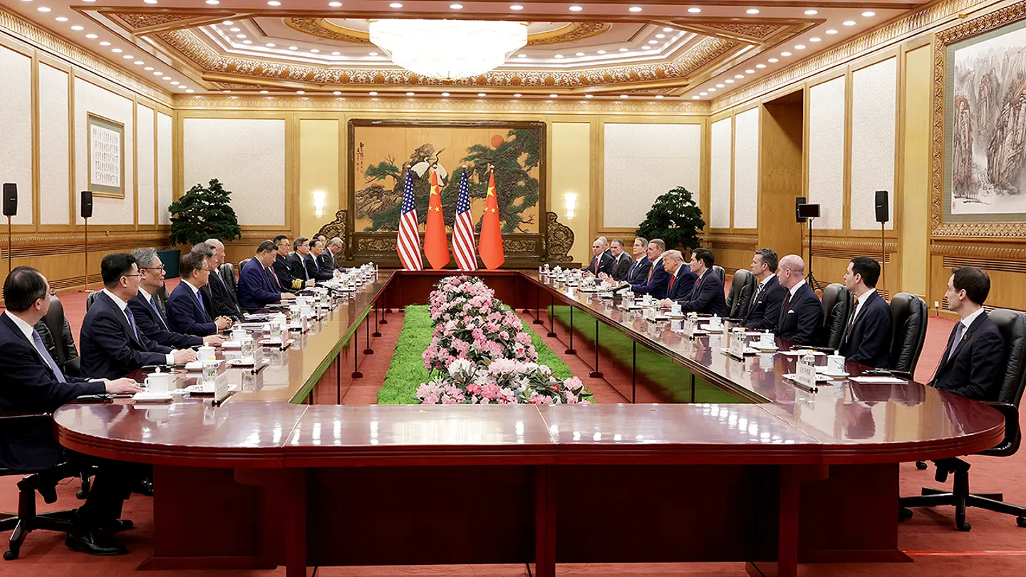 President Donald Trump and Chinese President Xi Jinping attend a bilateral meeting at the Great Hall of the People in Beijing on May 14, 2026, to discuss the Iran conflict, trade imbalances, the Taiwan situation, and to establish new bilateral boards for economic and AI oversight. (Evan Vucci/Reuters)